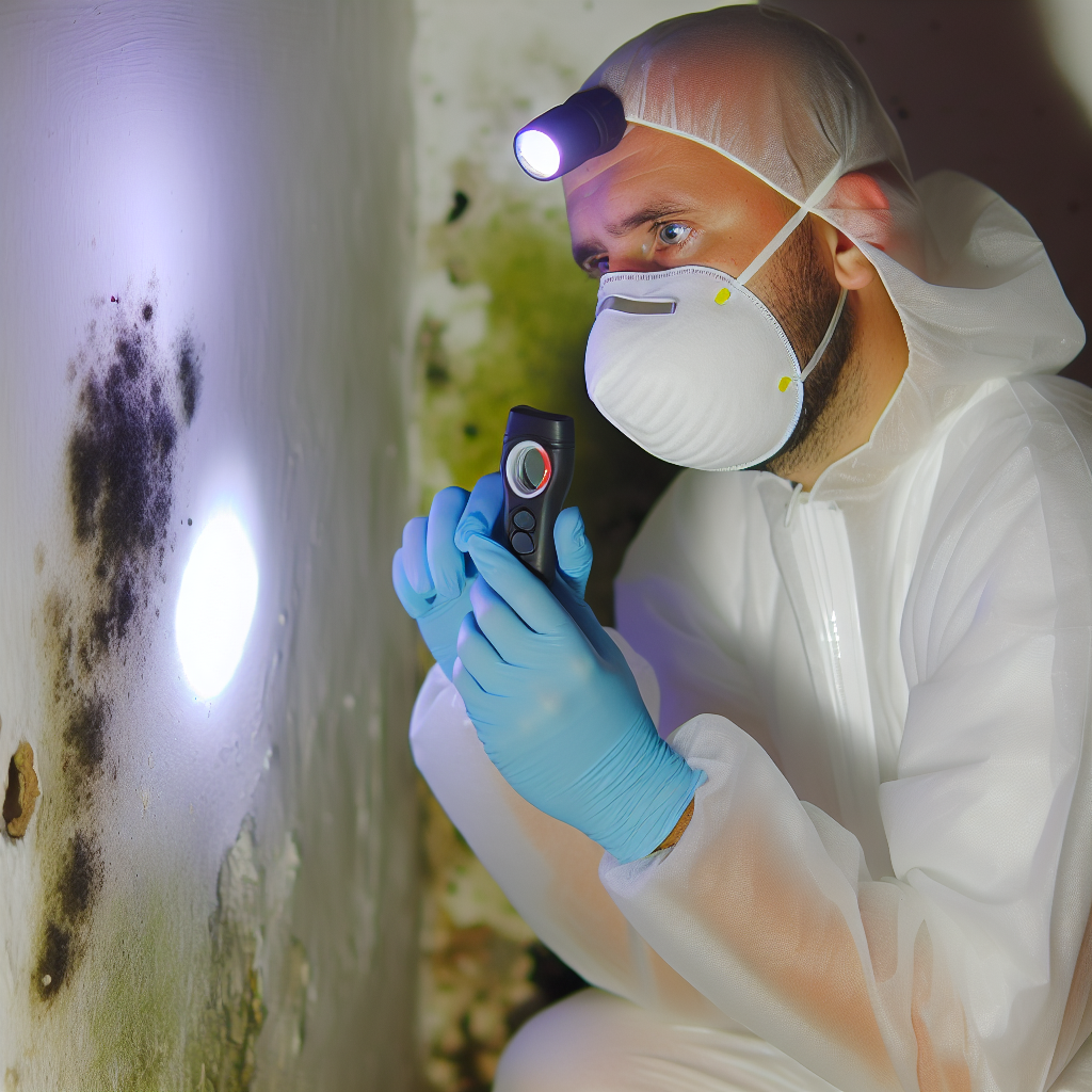 Mold inspector shining flashlight on mold