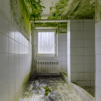A room with green mold in tiles and a window- room size can be a factor in mold inspection cost