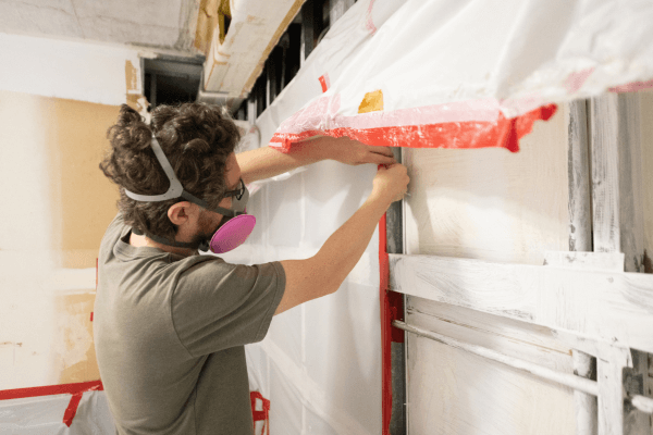 Man Wearing Respirator Inspects Home Construction Site after Mold Remediation Protocol